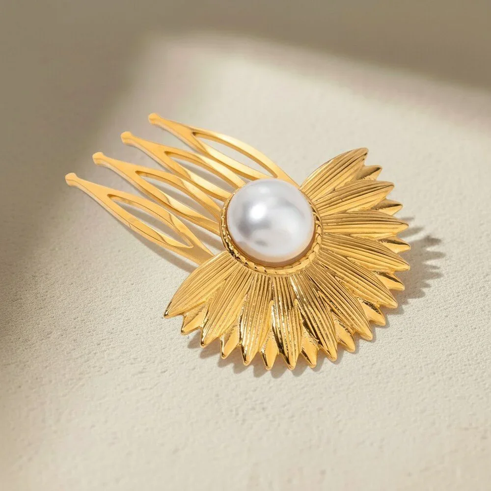18K Gold Plated Sunburst Floral Hair Comb Pearl Statement Barrette Waterproof